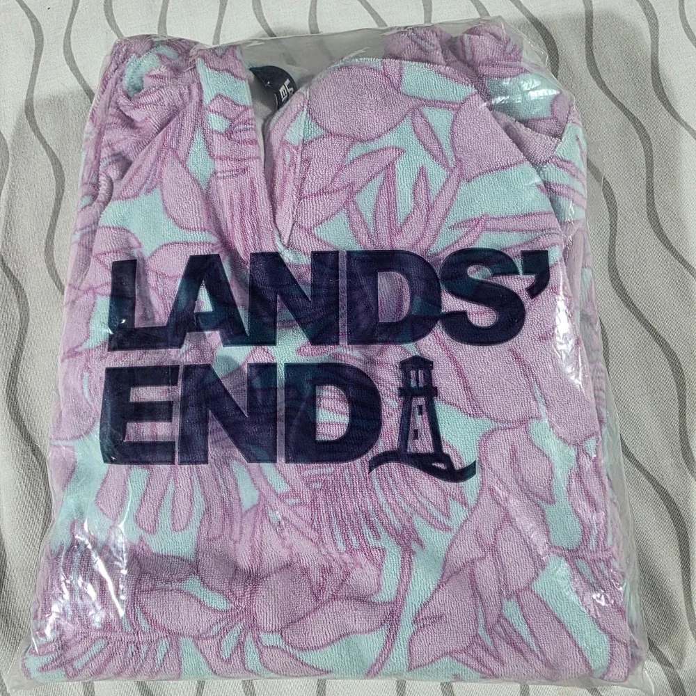 Lands End Girls Hooded Terry Swim Cover-Up Paradise Aqua Palm Foliage L 10-12